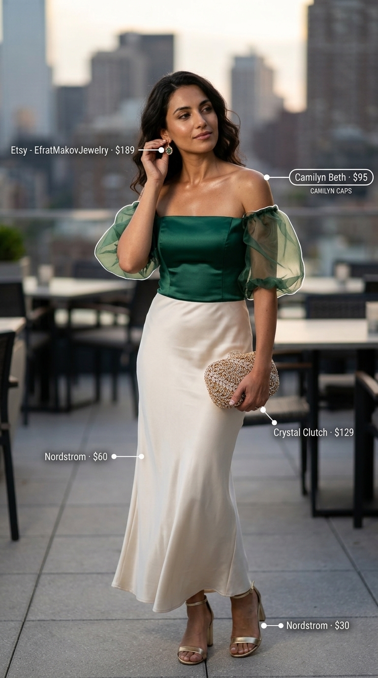 Emerald green organza top with cream satin maxi skirt for rooftop summer date night outfits for women 2026.