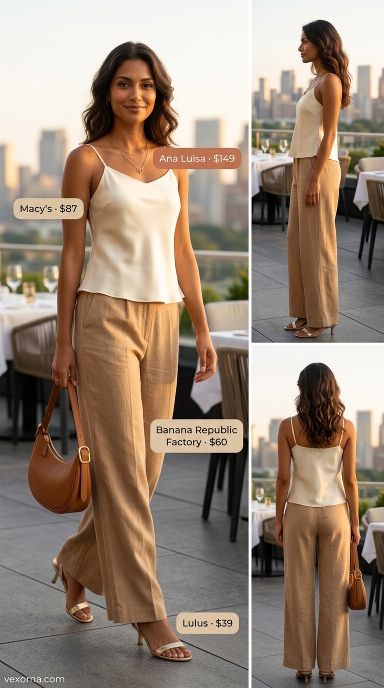Ethereal Sunset outfit: Ivory silk cami, gold trousers, heeled sandals for romantic summer dates 2026.