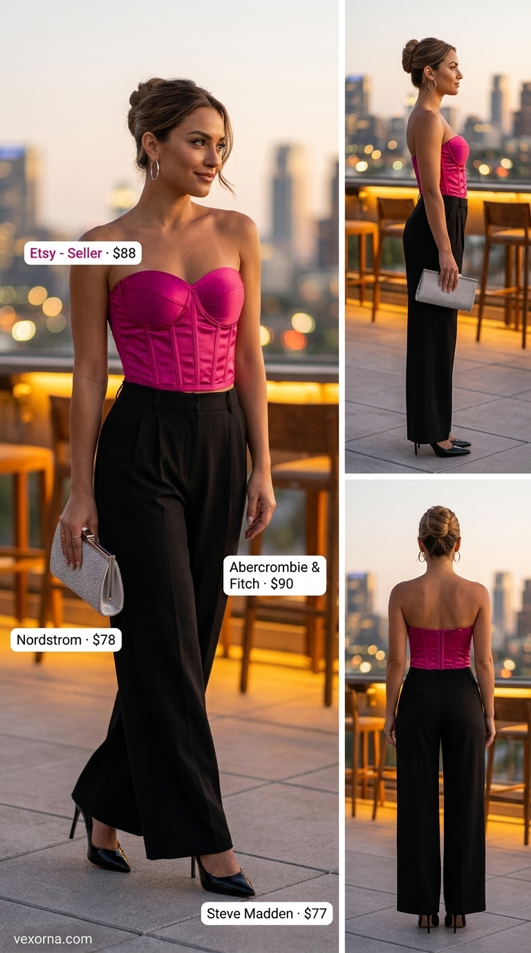 Fuchsia Firework outfit: Fuchsia corset top, black wide-leg pants, silver clutch for trendy summer dates 2026.