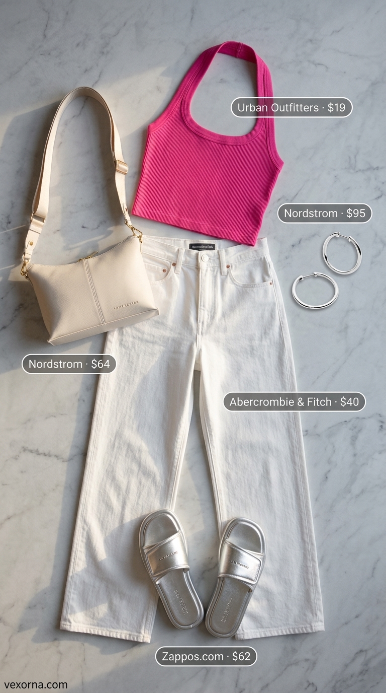 Hot pink halter neck crop top with white wide-leg denim jeans for playful rooftop summer date night outfits for women 2026.