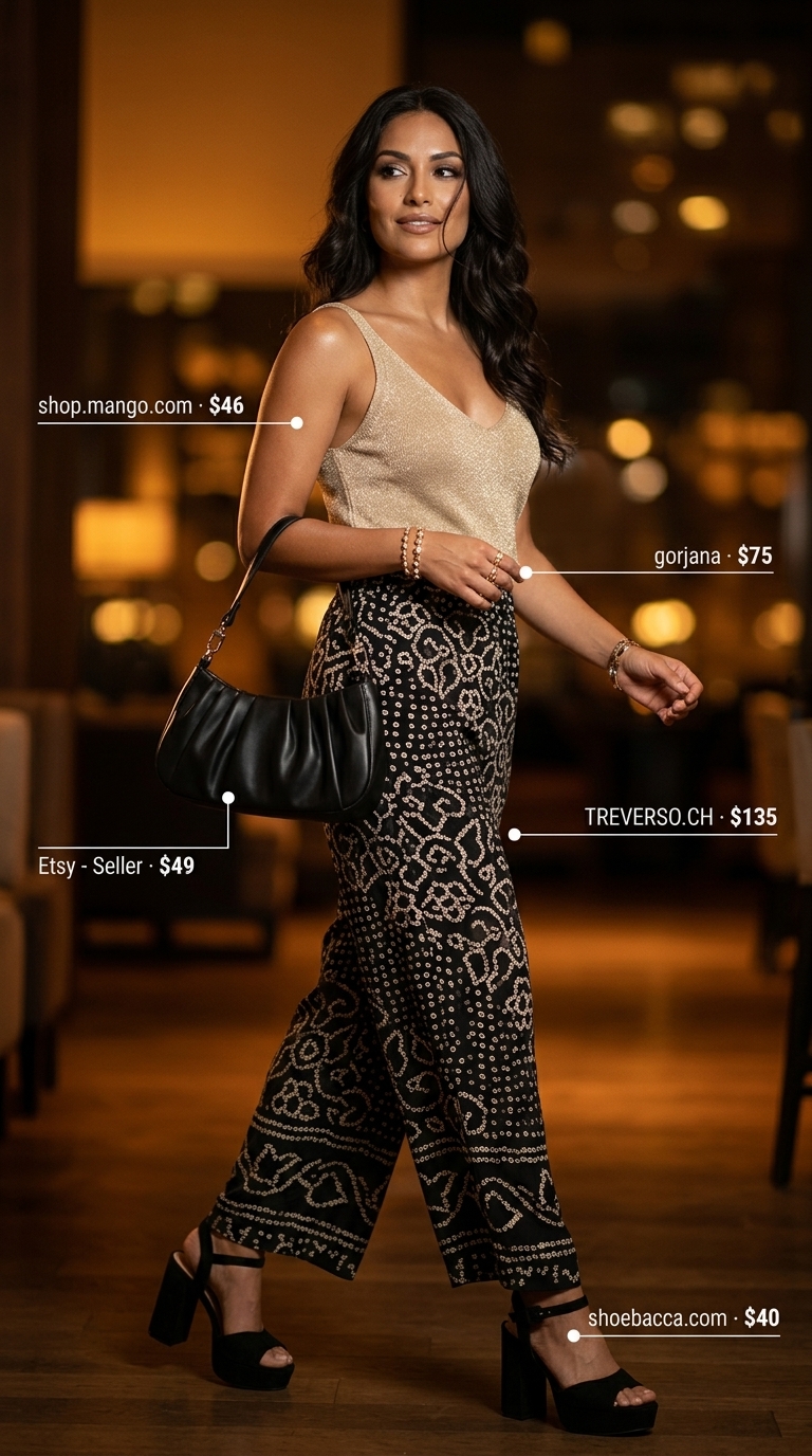 Gold metallic knit crop top with abstract print wide-leg pants for artistic rooftop summer date night outfits for women 2026.