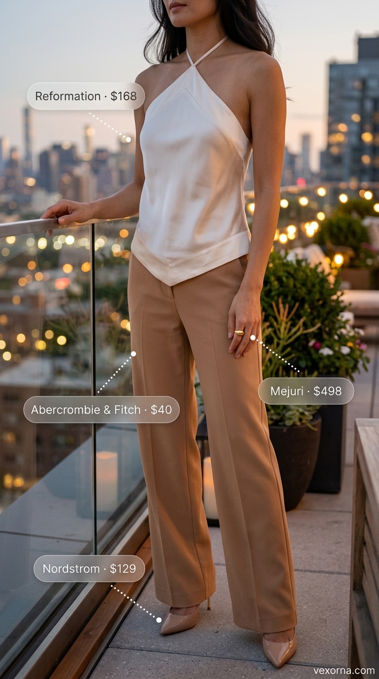 Ivory Elegance outfit: Ivory silk halter top, camel trousers, nude pumps for luxurious summer dates 2026.