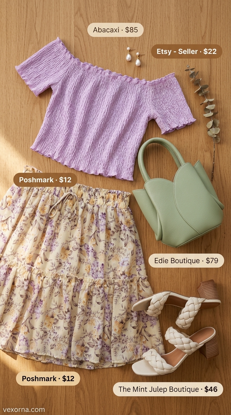 Lavender Bloom outfit: Lavender blouse, floral midi skirt, pearl earrings for romantic summer dates 2026.