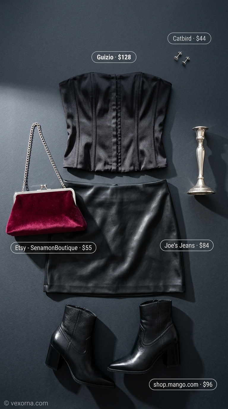 Midnight Edge outfit: Black corset top, faux leather skirt, ankle boots, silver earrings for edgy summer dates 2026.