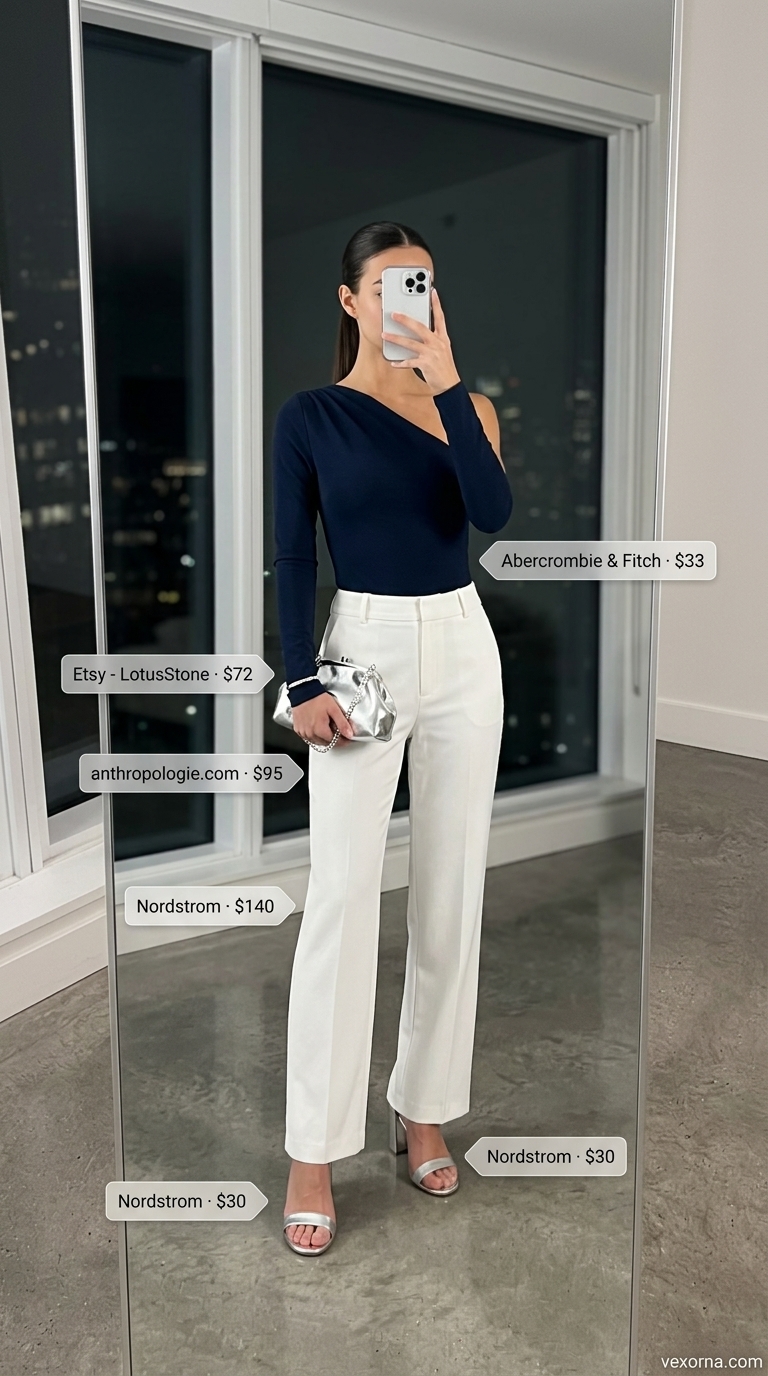 Navy blue one-shoulder bodysuit with white straight-leg pants for elegant rooftop summer date night outfits for women 2026.