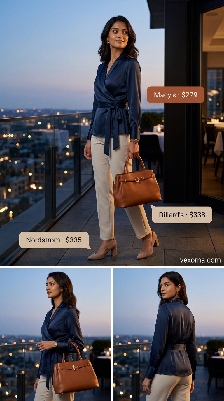 Timeless Riviera outfit: Navy silk blouse, beige pants, nude pumps, structured satchel for elegant summer dates 2026.