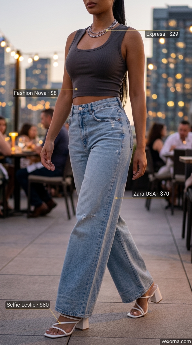 Charcoal gray knit crop top with light wash wide-leg jeans for casual rooftop summer date night outfits for women 2026.