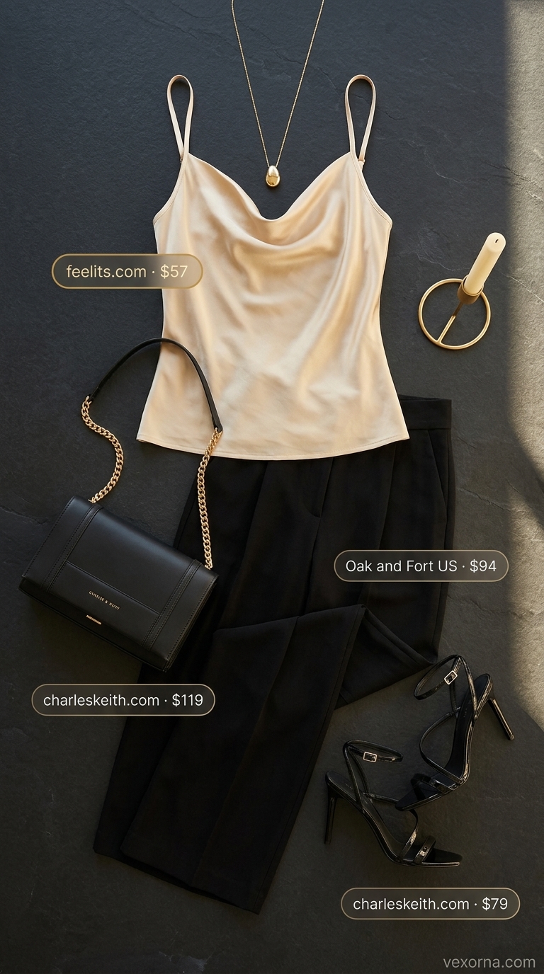 Sophisticated champagne silk camisole, black wide-leg trousers, and gold jewelry for rooftop summer date night outfits 2026.