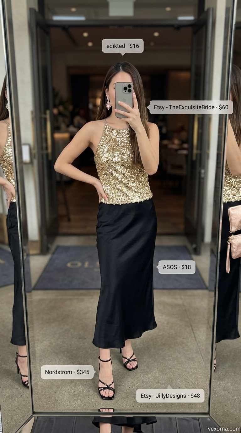 Glamorous gold sequin top, black satin midi skirt, and rose gold earrings for rooftop summer date night outfits 2026.