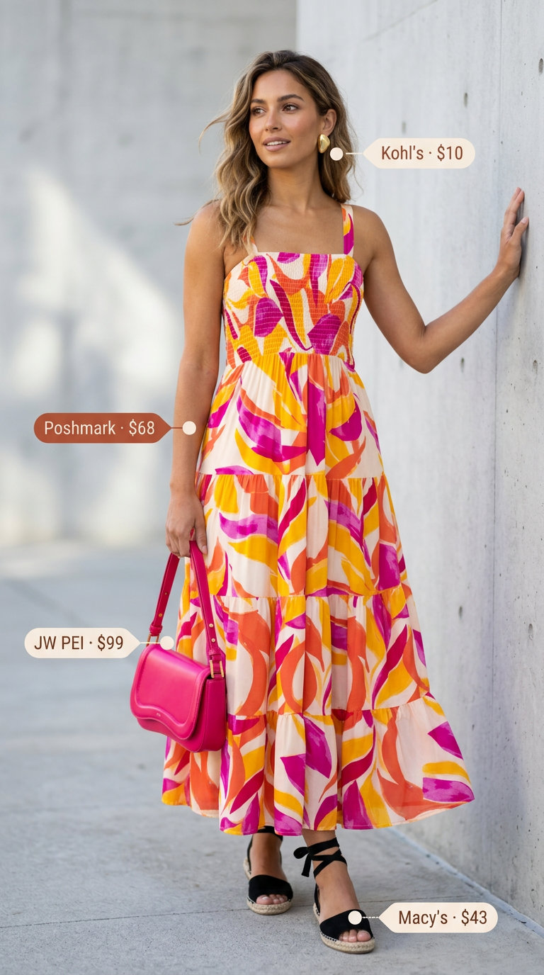 Abstract Art Walk outfit: Teal, magenta, orange smocked maxi sundress 2026, black espadrilles.