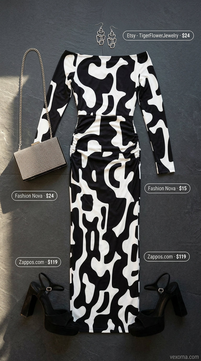 Black and white abstract print smocked summer sundress 2026 maxi length for an art gallery event.