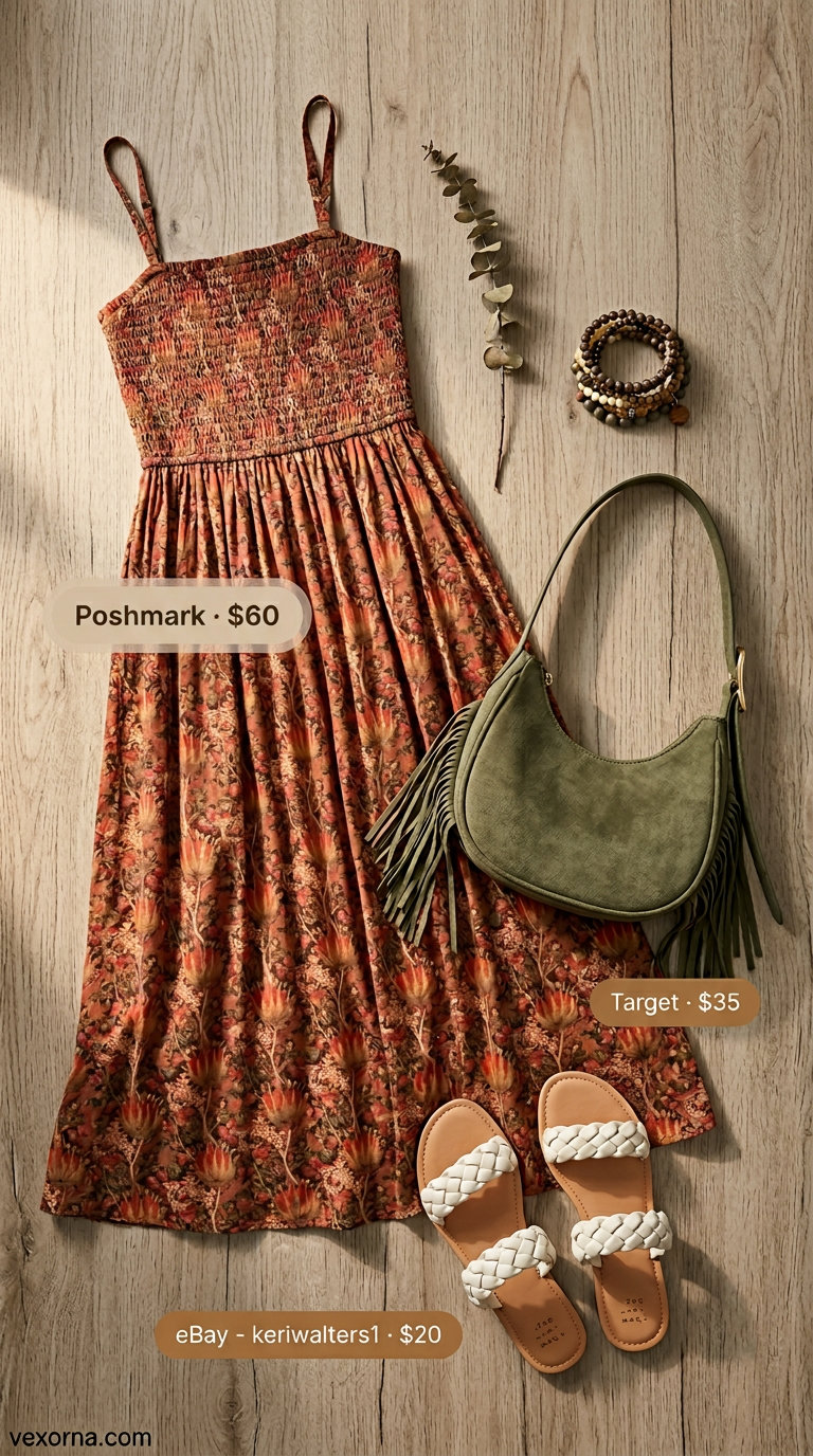 Terracotta floral smocked summer sundress 2026 maxi length with fringe bag for a bohemian gathering.