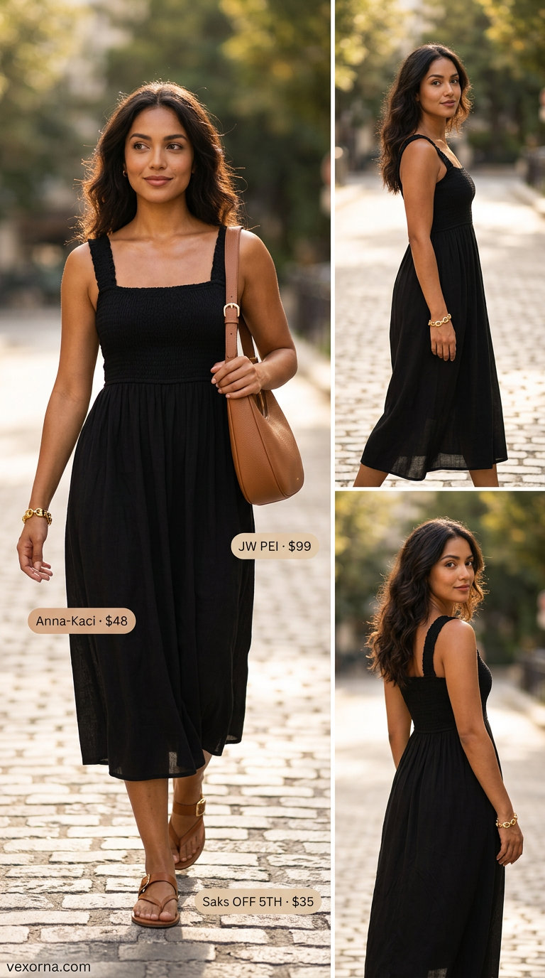 Black smocked summer sundress 2026 for city chic, paired with cognac bag and gold jewelry.
