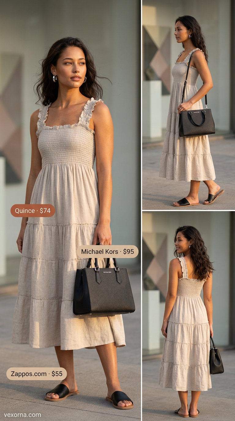 Sand linen smocked summer sundress 2026 for minimalist city escape, with black sandals and silver.