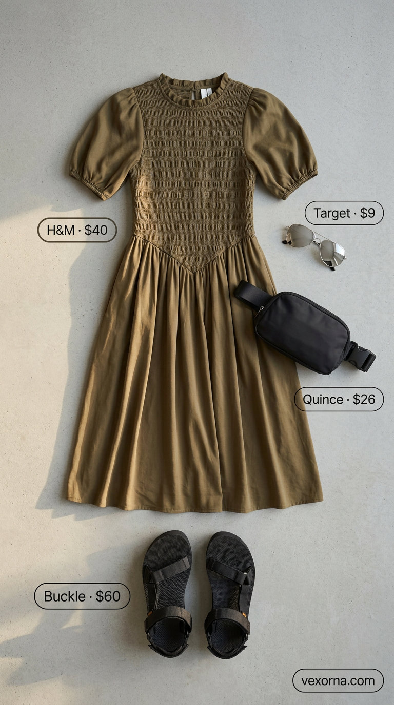 Khaki smocked summer sundress 2026 midi length with black belt bag and chunky sandals for city adventures.