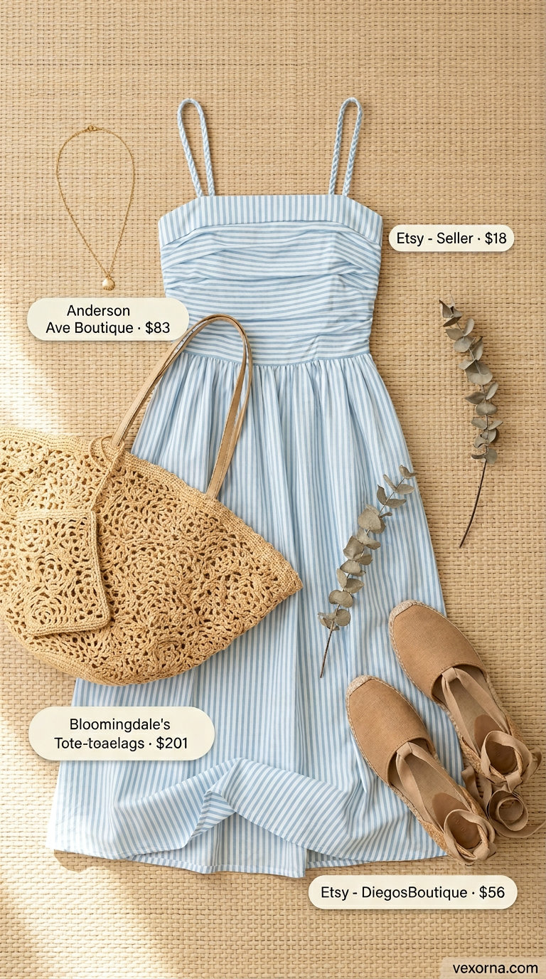 Coastal Breeze Picnic outfit: Sky blue & white smocked summer sundress 2026, straw tote, espadrilles for beach picnic.