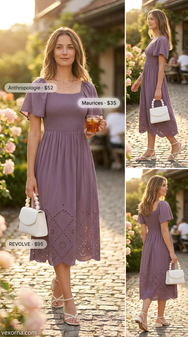 Lavender smocked summer sundress 2026 midi length with cream bag and gold necklaces for a garden party.