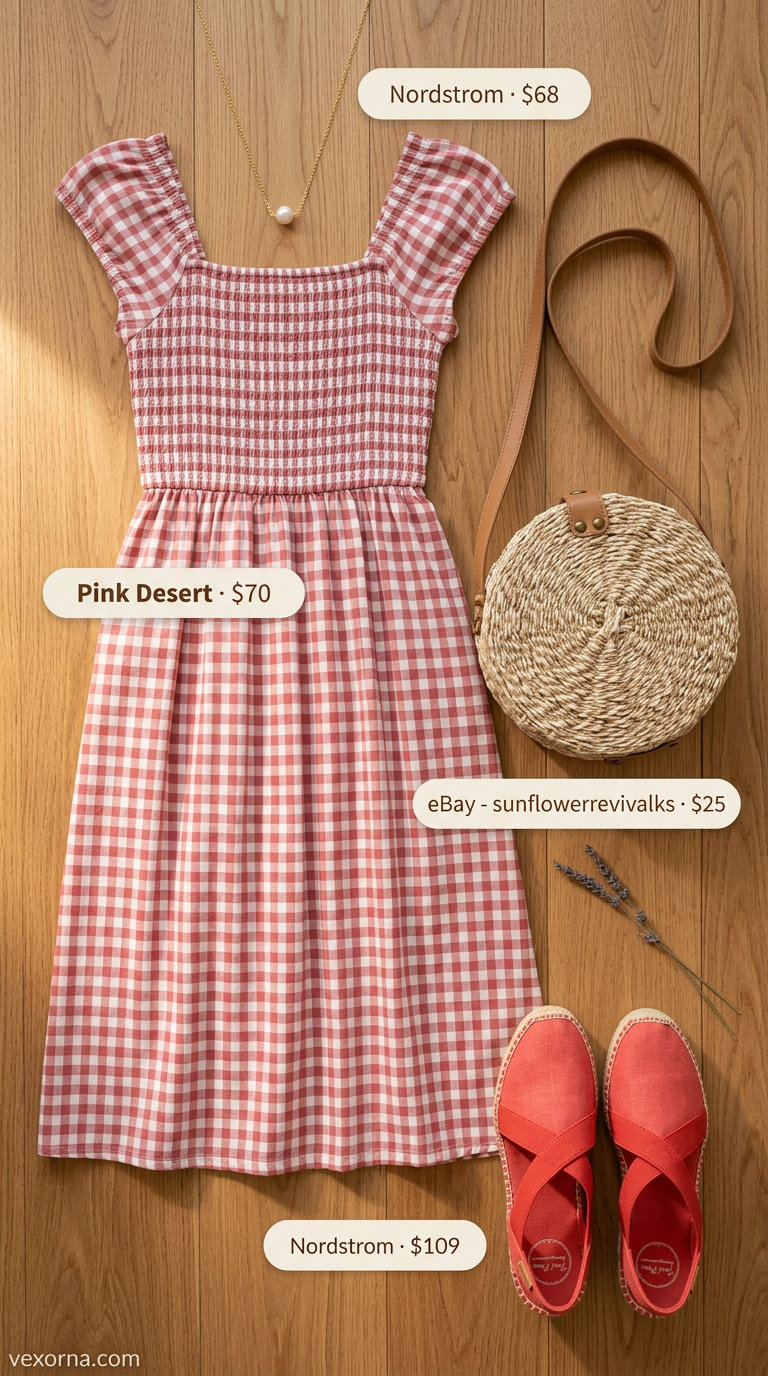 Red gingham smocked summer sundress 2026 for retro garden tea party, with straw bag and espadrilles.