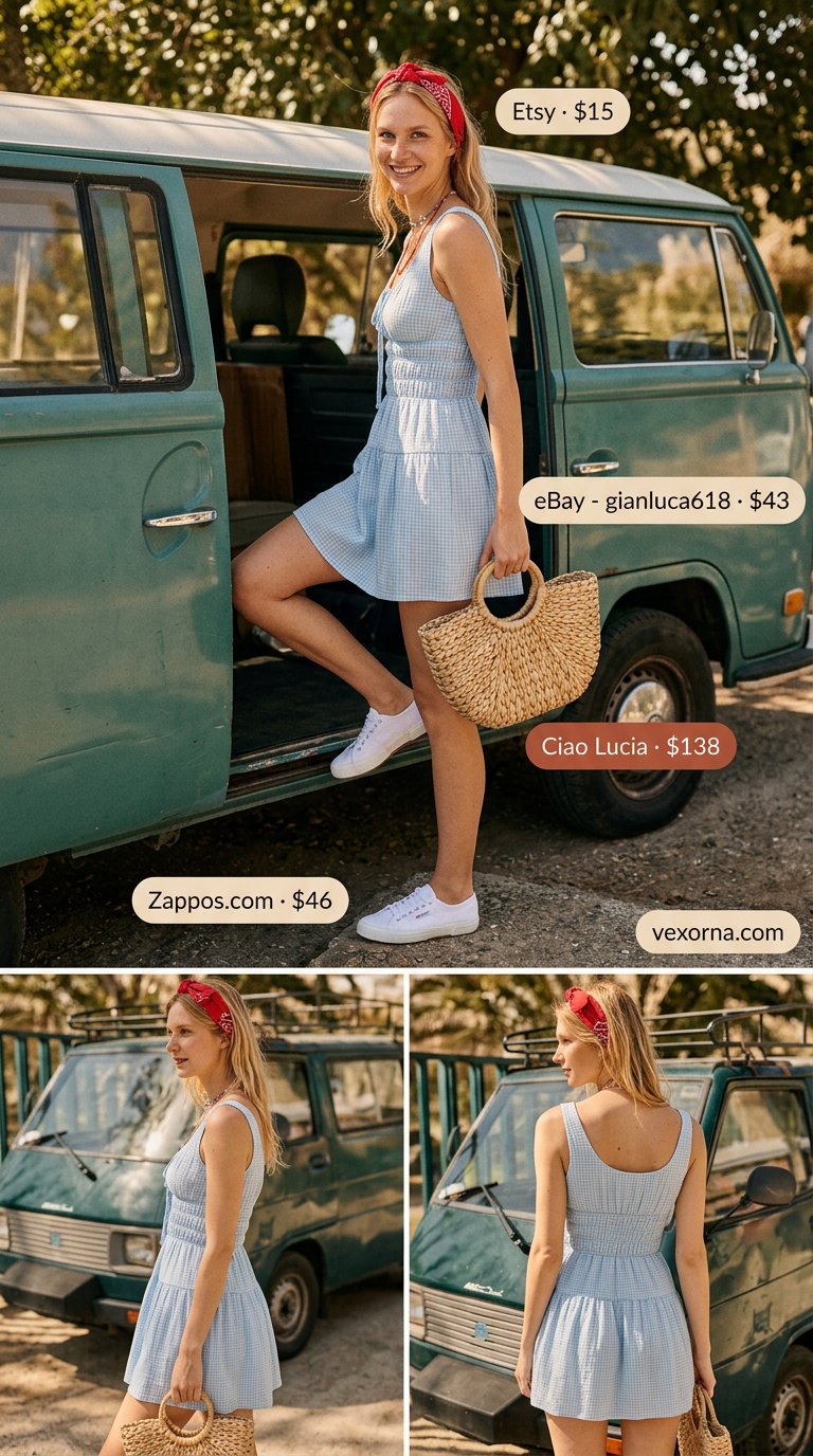 Sky blue gingham smocked summer sundress 2026 for picnic perfect whimsy, with straw bag and sneakers.