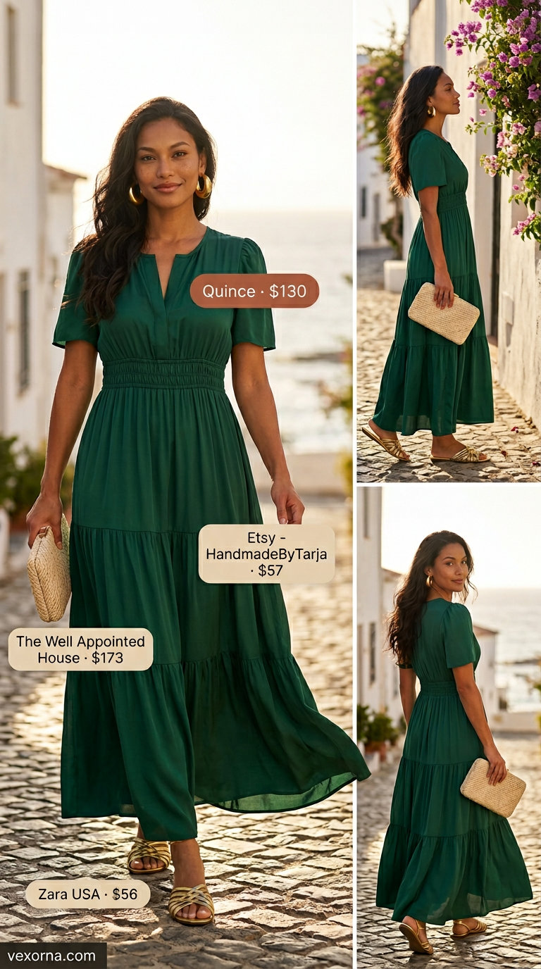 Emerald green smocked summer sundress 2026 for resort ready glamour, with gold accents and tan sandals.