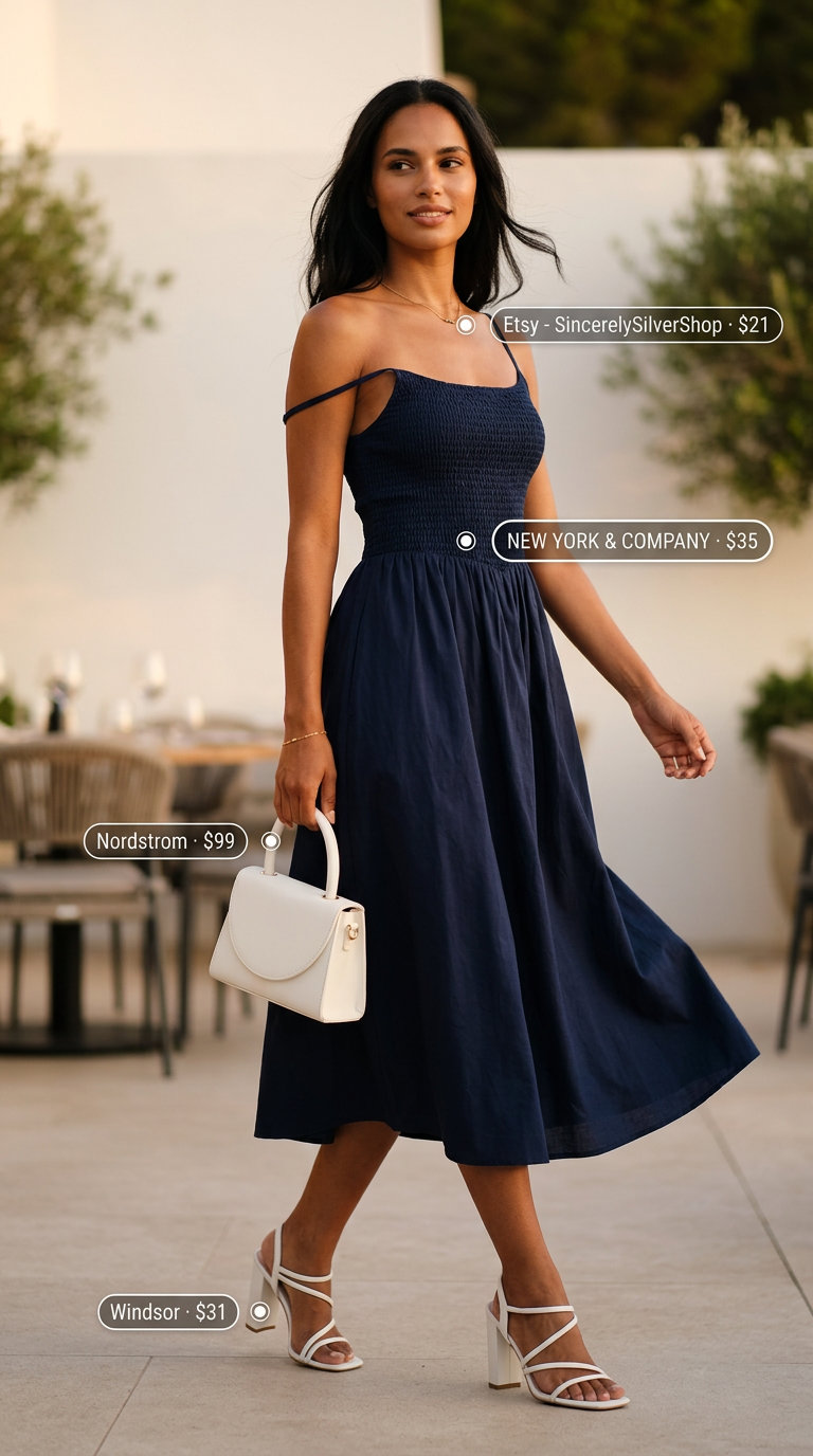 Riviera Evening Soiree outfit: Navy smocked sundress 2026, white block heels, mini top-handle bag.