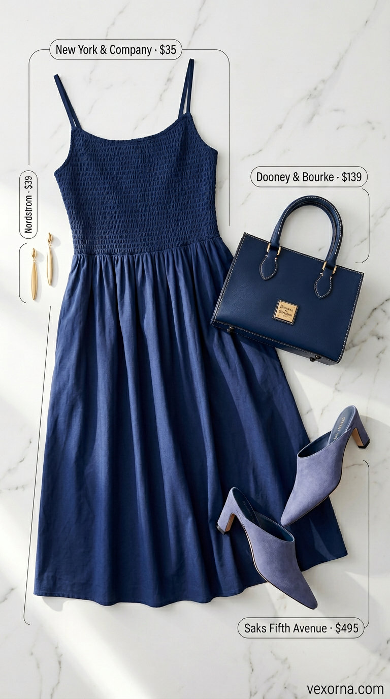 Crisp white smocked summer sundress 2026 midi length with navy accessories for an elegant evening.