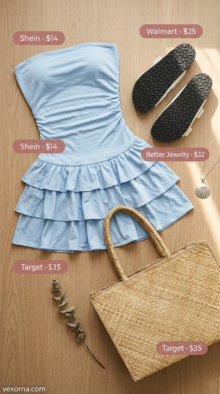 Sky blue smocked summer sundress 2026 mini bandeau with straw tote for a seaside lunch.