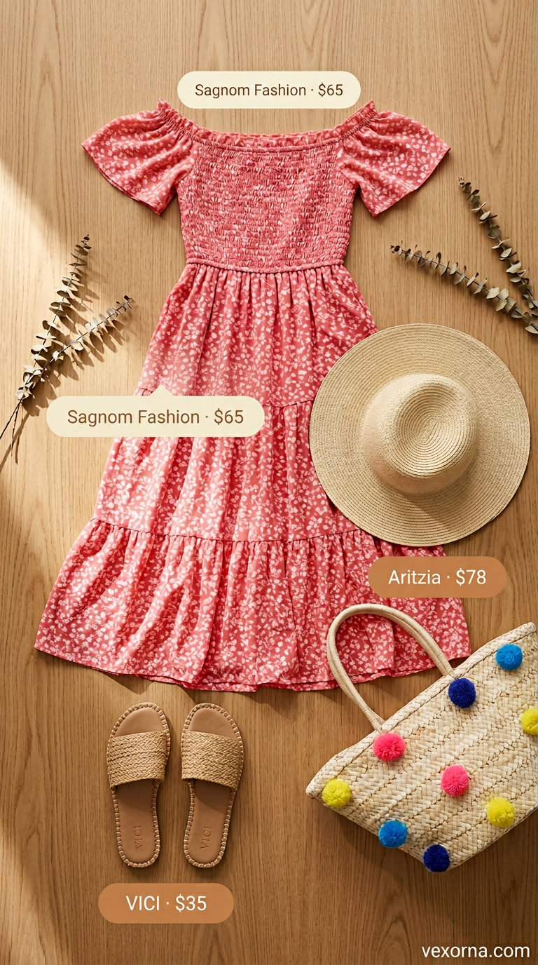 Coral floral smocked summer sundress 2026 for tropical oasis, with straw tote and sun hat.