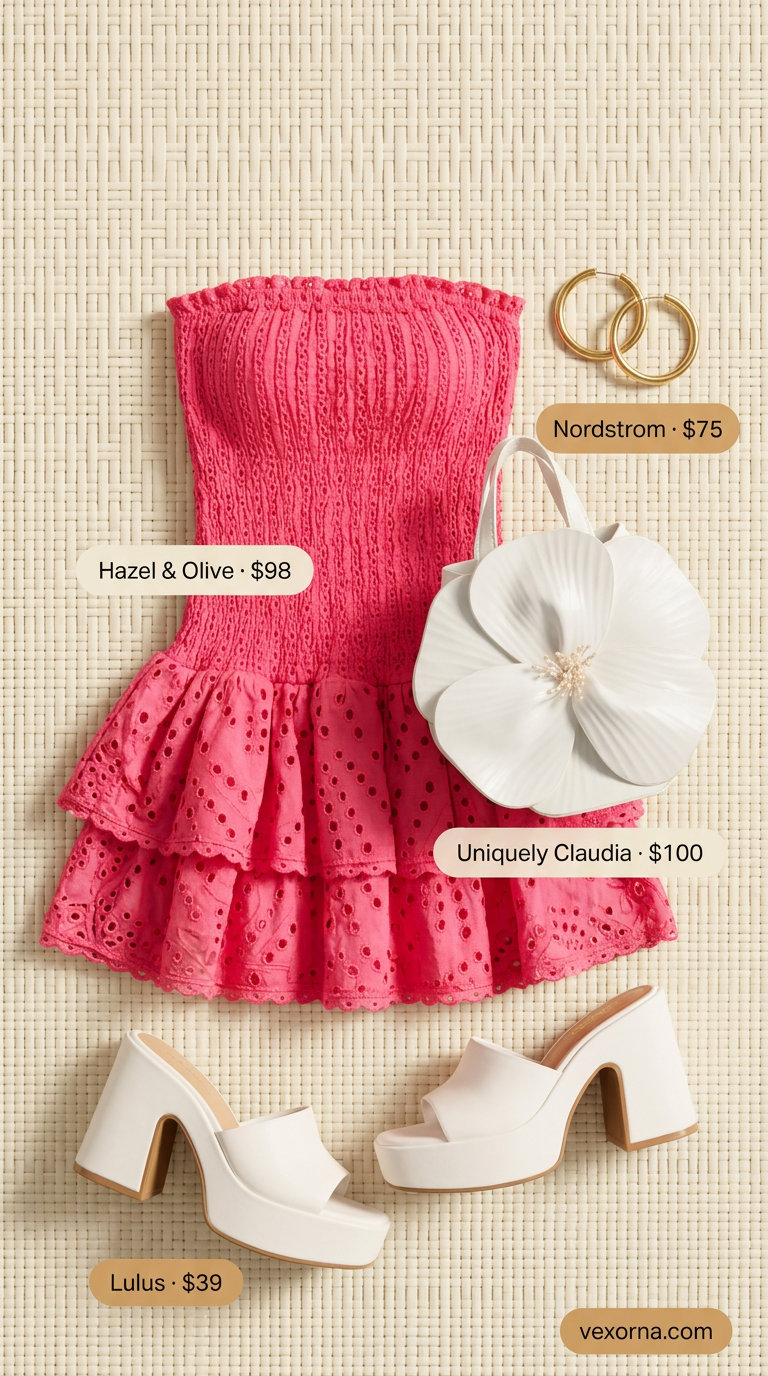 Hot pink smocked summer sundress 2026 mini length with white platform sandals for a vibrant brunch.