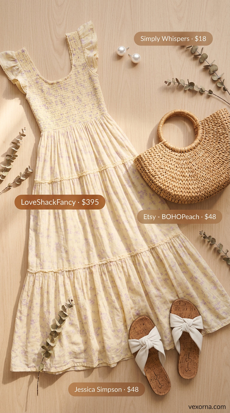 Vintage Garden Picnic outfit: Pale yellow floral smocked summer sundress 2026, straw basket, pearl earrings.