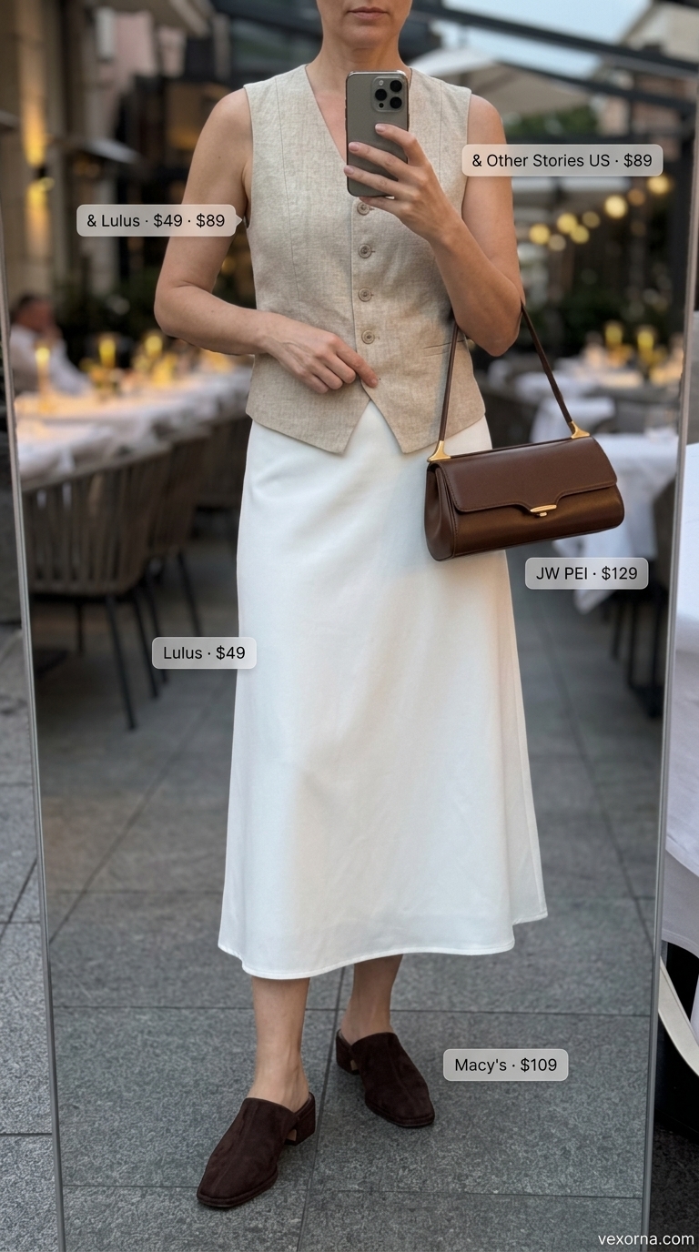 Polished taupe linen vest top, white midi skirt, and brown shoulder bag for sophisticated brunch outfits 2026.