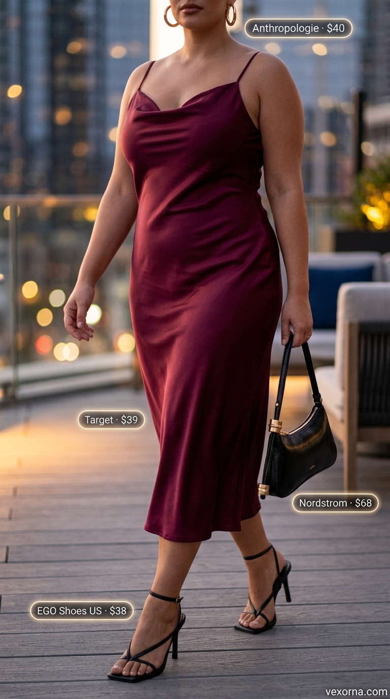 Street style outfit inspo summer for women 2026: Burgundy satin slip dress, gold hoops, and black sandals for date night.
