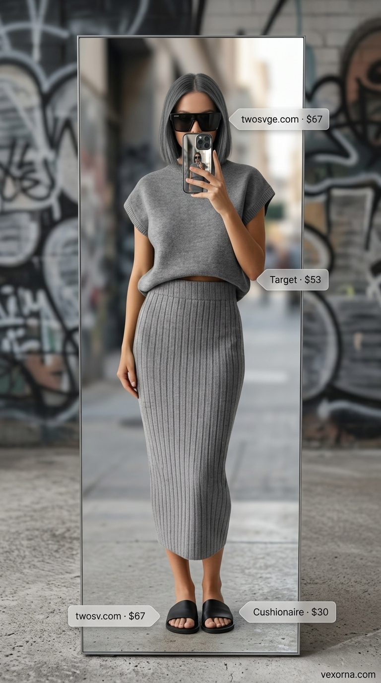 Street style outfit inspo summer for women 2026: Charcoal grey knit set, black sandals, and mini bag for a sleek evening look.