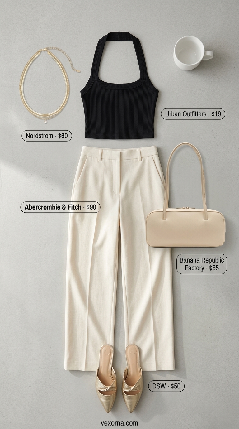 Street style outfit inspo summer for women 2026: Cream wide-leg trousers, navy halter top, and gold sandals for business casual.