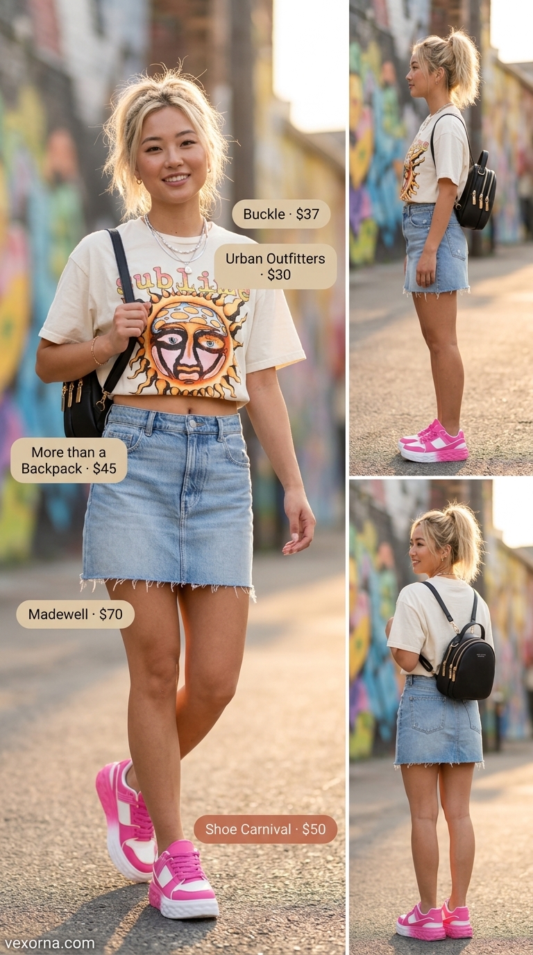 Street style outfit inspo summer for women 2026: Denim mini skirt, graphic tee, hot pink sneakers, and mini backpack for festivals.
