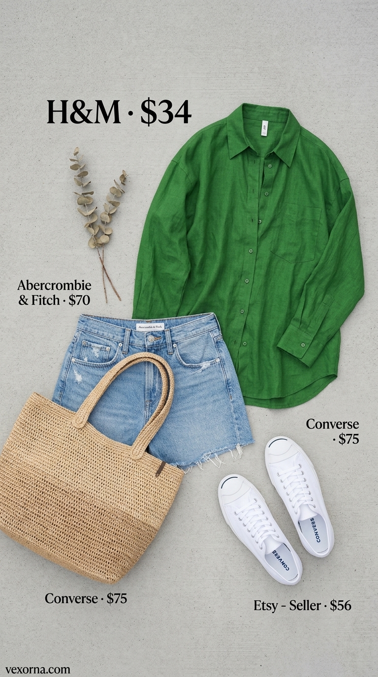Street style outfit inspo summer for women 2026: Denim shorts, green shirt, white tank for a relaxed city look.