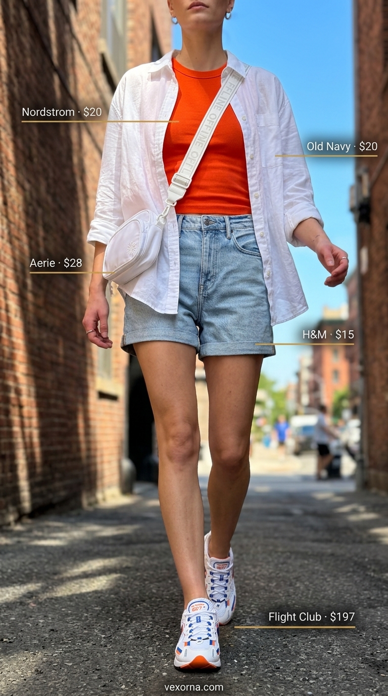 Street style outfit inspo summer for women 2026: Distressed denim shorts, orange tank, white shirt, and retro sneakers for casual brunch.