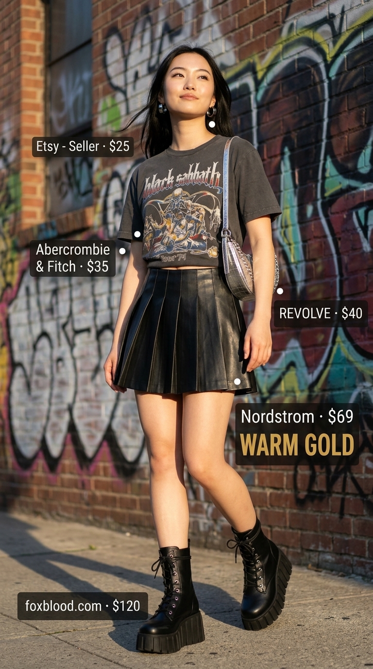 Street style outfit inspo summer for women 2026: Band tee, faux leather skirt, chunky boots for an edgy art look.