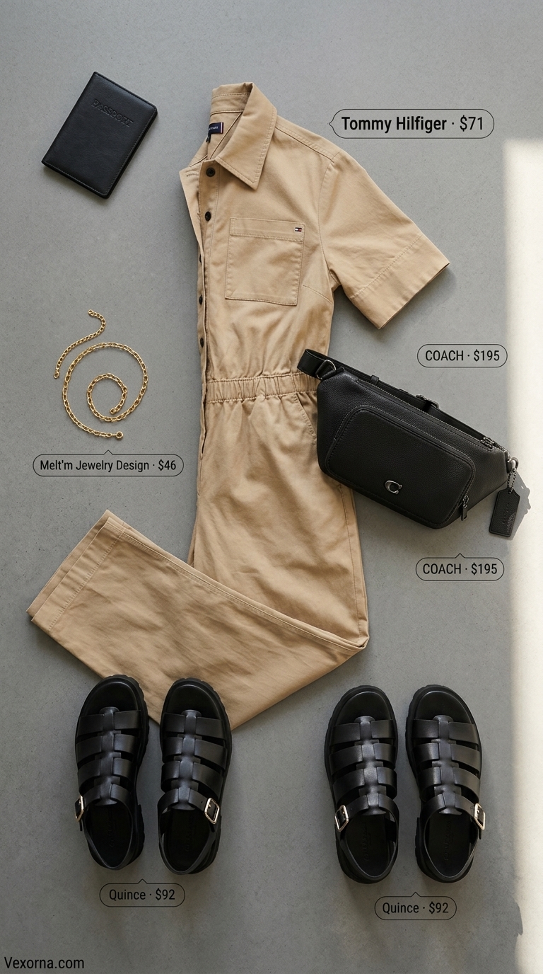 Street style outfit inspo summer for women 2026: Beige utility jumpsuit, black sandals, belt bag for a modern, edgy look.