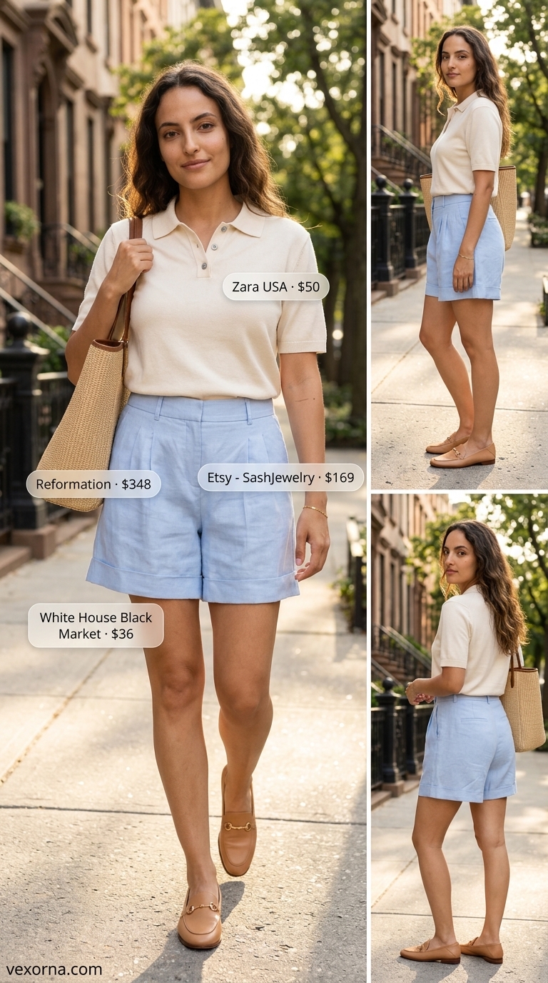 Street style outfit inspo summer for women 2026: Pale blue linen shorts, cream knit polo, beige loafers for a polished brunch.