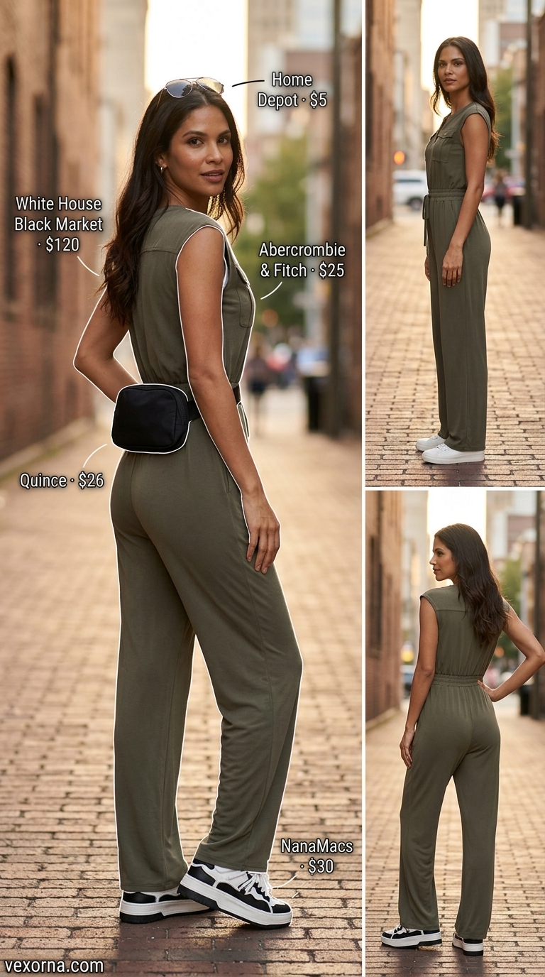 Street style outfit inspo summer for women 2026: Olive green jumpsuit, sneakers, belt bag for urban exploration.