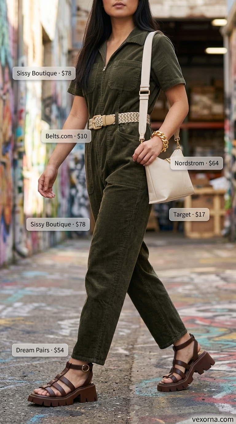 Street style outfit inspo summer for women 2026: Olive green utility jumpsuit, chunky sandals, and crossbody bag for urban adventures.