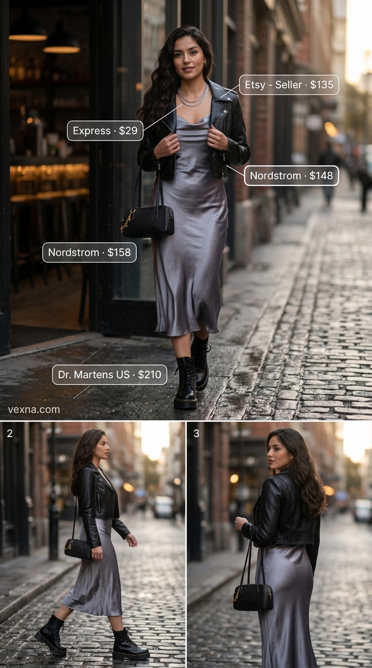 Street style outfit inspo summer for women 2026: Slip dress, leather jacket, combat boots for an edgy night out.