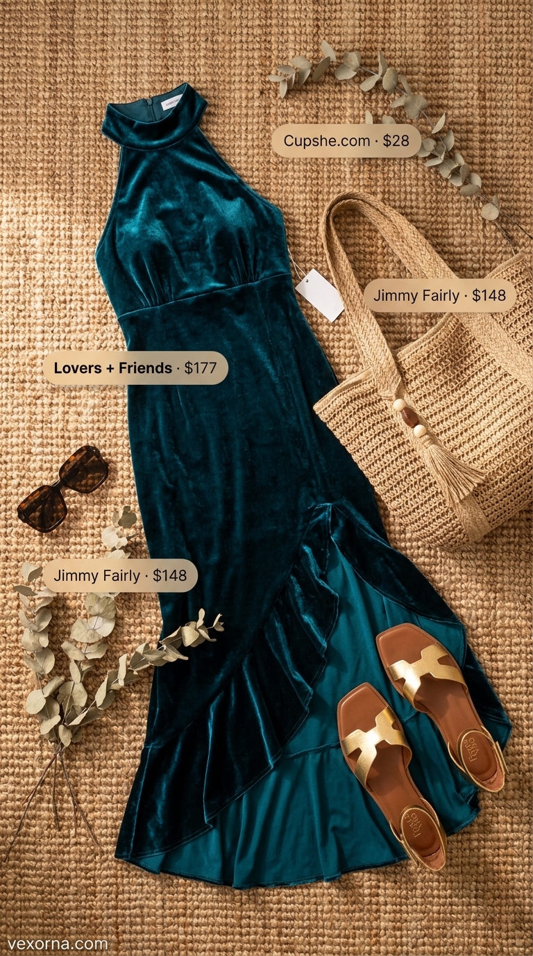 Street style outfit inspo summer for women 2026: Teal ribbed knit maxi dress, gold sandals for a vacation dinner look.