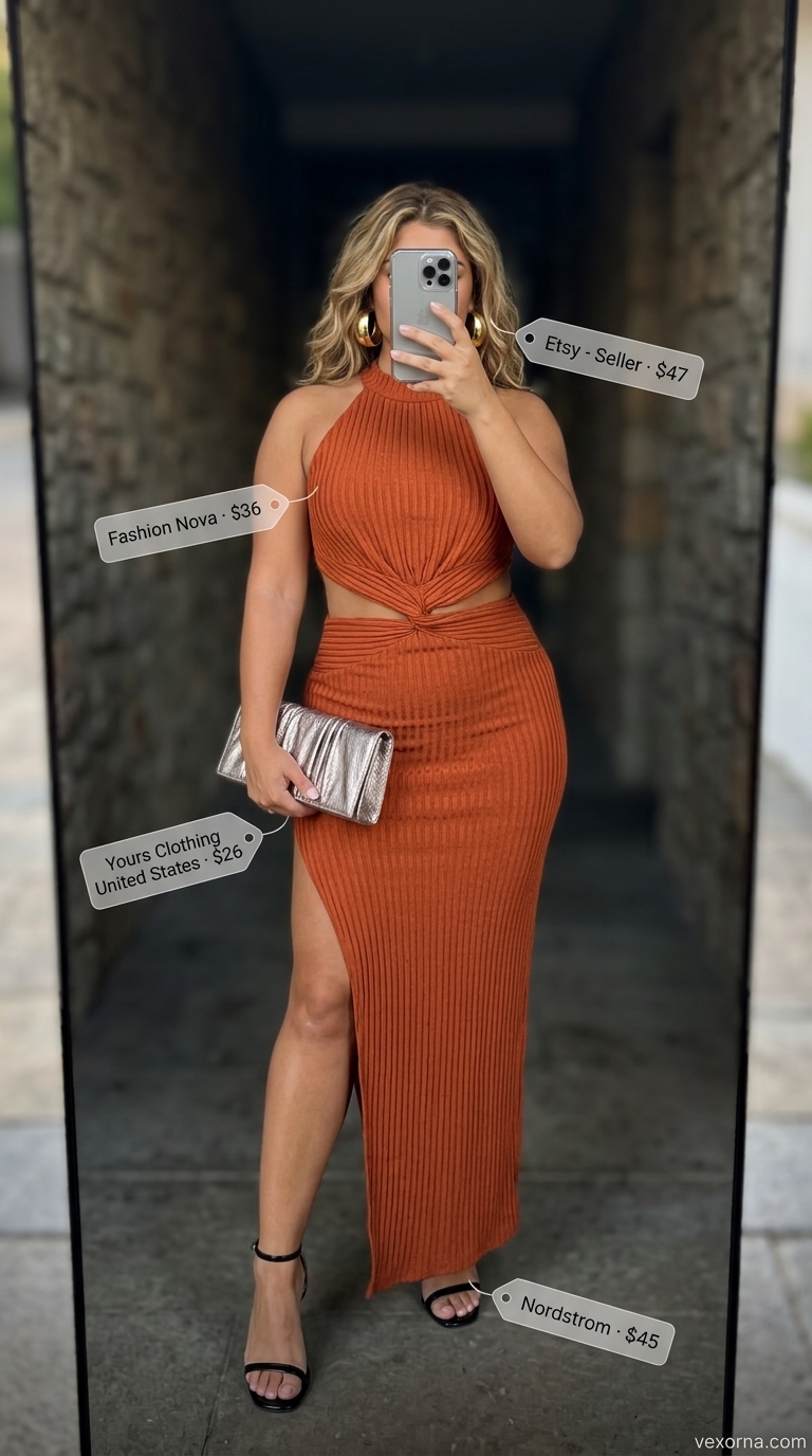 Street style outfit inspo summer for women 2026: Terracotta bodycon maxi dress, gold clutch, and strappy heels for a cocktail party.