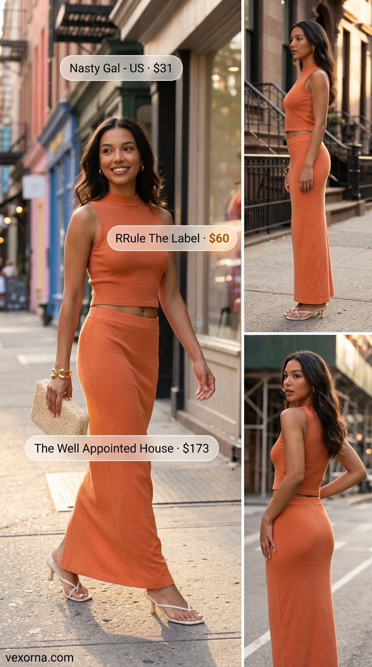 Street style outfit inspo summer for women 2026: Terracotta matching set, heeled sandals for resort glamour.