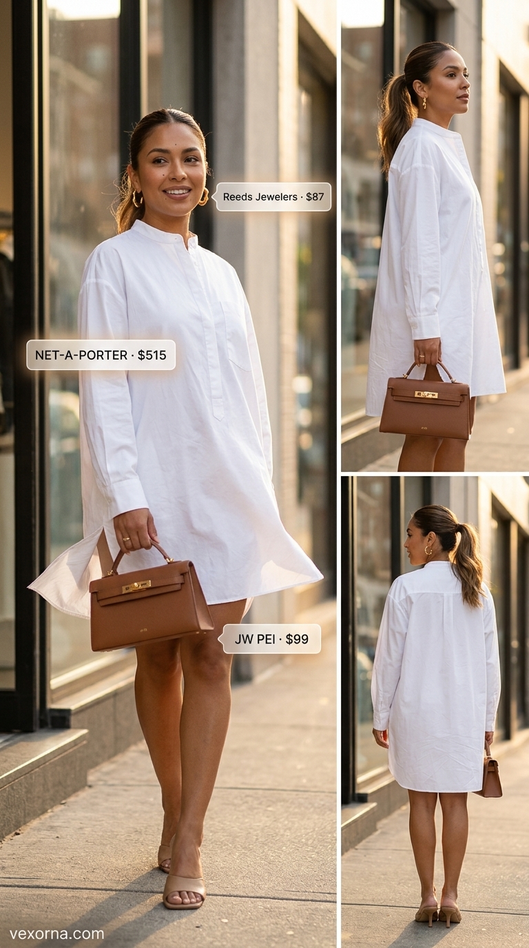 Street style outfit inspo summer for women 2026: White shirt dress, straw belt, sandals for a chic city break.