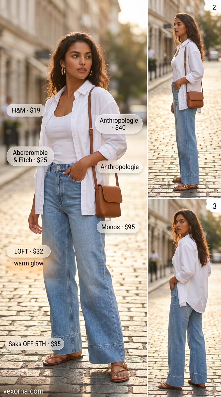 Street style outfit inspo summer for women 2026: Wide leg jeans, white shirt, tank top for a chic city look.