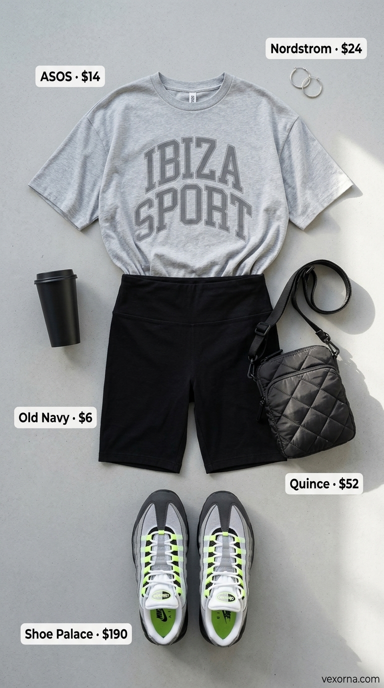 Oversized graphic tee with biker shorts and neon sneakers for an athleisure street style outfit inspo summer for women 2026.