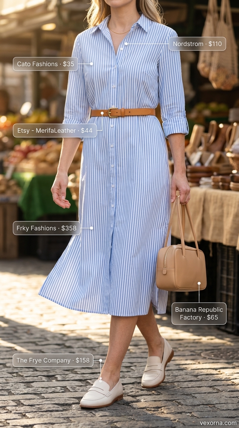 Sky blue shirt dress with tan belt and loafers for a chic city street style outfit inspo summer for women 2026.